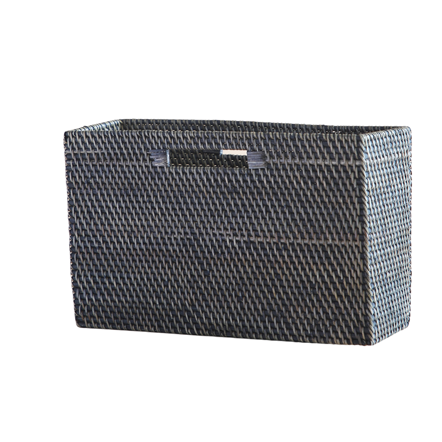Black woven storage basket, Rectangular wicker basket, Handwoven organizer basket, Decorative black rattan basket, Storage basket with handles, Modern black utility basket, Handmade rectangular basket, Wicker shelf basket, Woven bin for home organization, Contemporary black storage box .