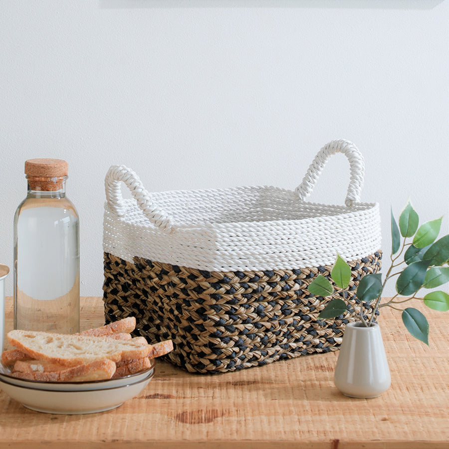 White and natural woven basket, Seagrass storage basket with handles, Handwoven rectangular storage bin, Eco-friendly woven basket, Decorative home storage basket, Seagrass and rope basket,
White braided top storage basket,
Two-tone natural basket Handmade basket for organizing, Rustic woven basket .