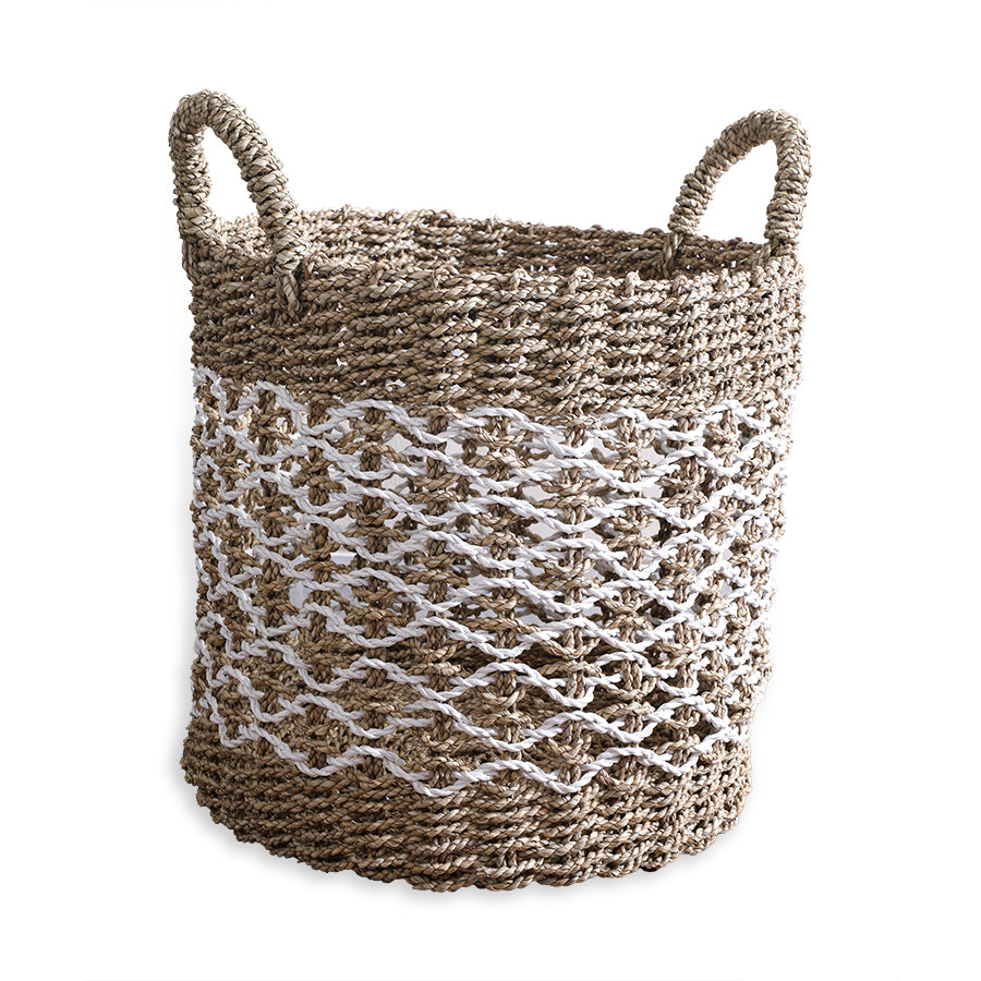 Zigzag weave basket, Handwoven storage basket, Natural fiber basket with handles, Decorative jute basket, Woven floor basket, Seagrass or jute basket, Boho-style basket, White pattern woven basket, Rustic handmade basket, Eco-friendly organizer basket, Laundry storage basket, Living room toy basket, Blanket holder basket, Home organization bin, Decorative storage solution.