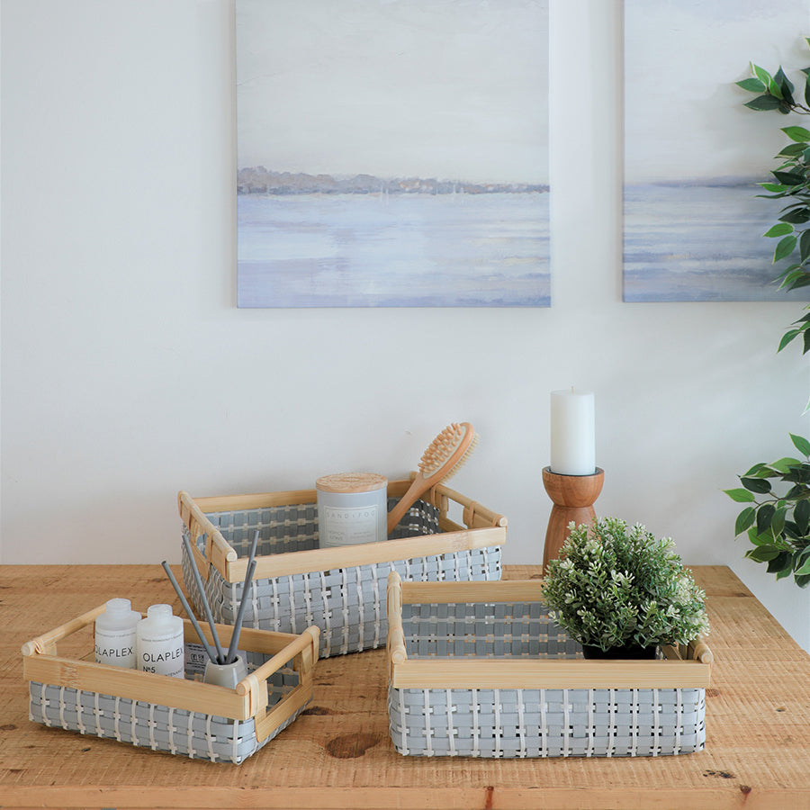 Grey and white woven storage baskets, Rectangular plastic weave organizer trays, Wooden frame storage baskets, Woven bathroom organizers, Grey countertop storage bins, Home organization baskets with handles, Decorative baskets for shelves and vanity, Plastic rattan storage baskets, Bathroom accessories storage baskets, Multi-size woven organizer tray set, Grey woven baskets with wooden handles for bathroom and kitchen .