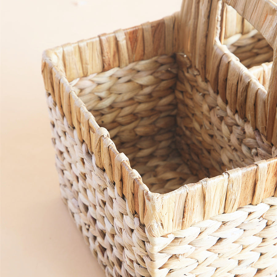 Handwoven hyacinth basket, Natural wicker storage basket, Water hyacinth caddy, Eco-friendly storage bin, Rectangular woven organizer, Handcrafted natural hyacinth basket with handle, Multipurpose woven basket for home storage, Sustainable rustic wicker caddy, Decorative basket for kitchen or bathroom, Handmade compartment basket organizer.