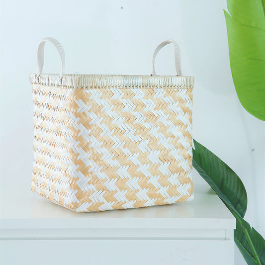 Natural woven storage bin, Handwoven storage basket, Bamboo basket with handles, Eco-friendly storage solution, Decorative wicker storage box, Square handwoven basket, White and beige woven bin, Sustainable laundry basket, Boho storage basket, Rattan-look storage organizer, Minimalist woven home storage, Handcrafted wicker storage container .