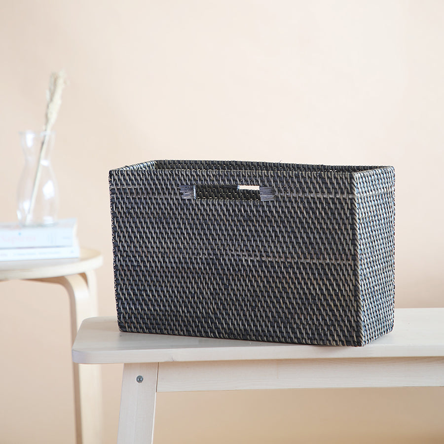 Black handwoven storage basket, 
Rectangular wicker magazine holder, 
Rattan newspaper organizer, 
Decorative woven basket with handles, Office storage bin for papers, Woven rattan magazine rack, Eco-friendly wicker storage basket, Synthetic wicker newspaper holder, 
Durable handwoven organizer bin, 
Artisan crafted magazine basket.