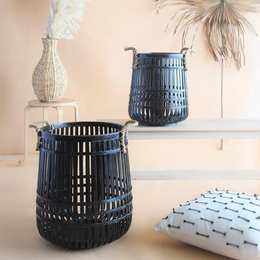 Stylish black bamboo baskets for modern homes, Decorative rope handle baskets for storage and display, Handmade bamboo baskets for bohemian décor, Sustainable woven storage basket with rustic charm, Boho storage basket, Eco-friendly bamboo décor, Rustic home storage basket, Handmade woven basket, Natural fiber rope basket, Black bamboo basket, Bamboo storage basket .