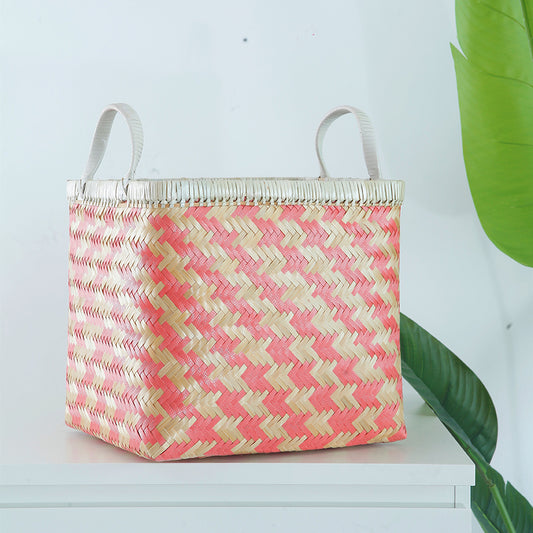 Pink woven storage basket, Natural fiber storage bin, Handwoven decorative basket, Eco-friendly storage box, Square woven basket with handles, Handmade pink and beige woven storage basket,
Stylish storage solution for modern homes, Decorative handwoven basket for shelf or tabletop, Bamboo basket for home organization, Rattan-style woven bin, Multipurpose storage organizer, Basket for toys, laundry, or clothes, Indoor decorative basket, Storage basket for nursery or kids room .