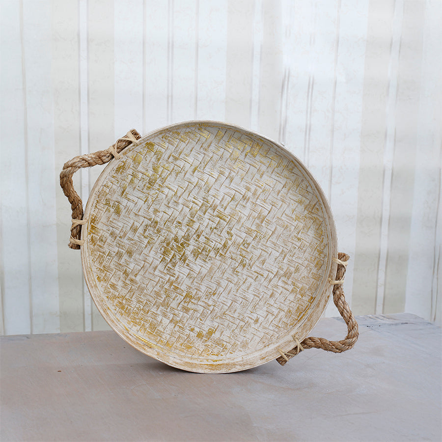 Round bamboo rope tray, White and gold serving tray, Handwoven decorative tray, Rustic round tray with handles, Boho rattan tray,
Handmade whitewashed bamboo tray, Rope handle round serving tray, Natural woven tray for home décor, Vintage style bamboo tray, Artisan-crafted eco-friendly tray.