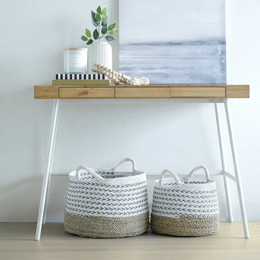 Woven storage baskets, Cotton rope baskets, Decorative storage bins, Handwoven baskets with handles, Minimalist console table, Wood and metal desk, Ceramic vase with greenery, Decorative beaded garland .