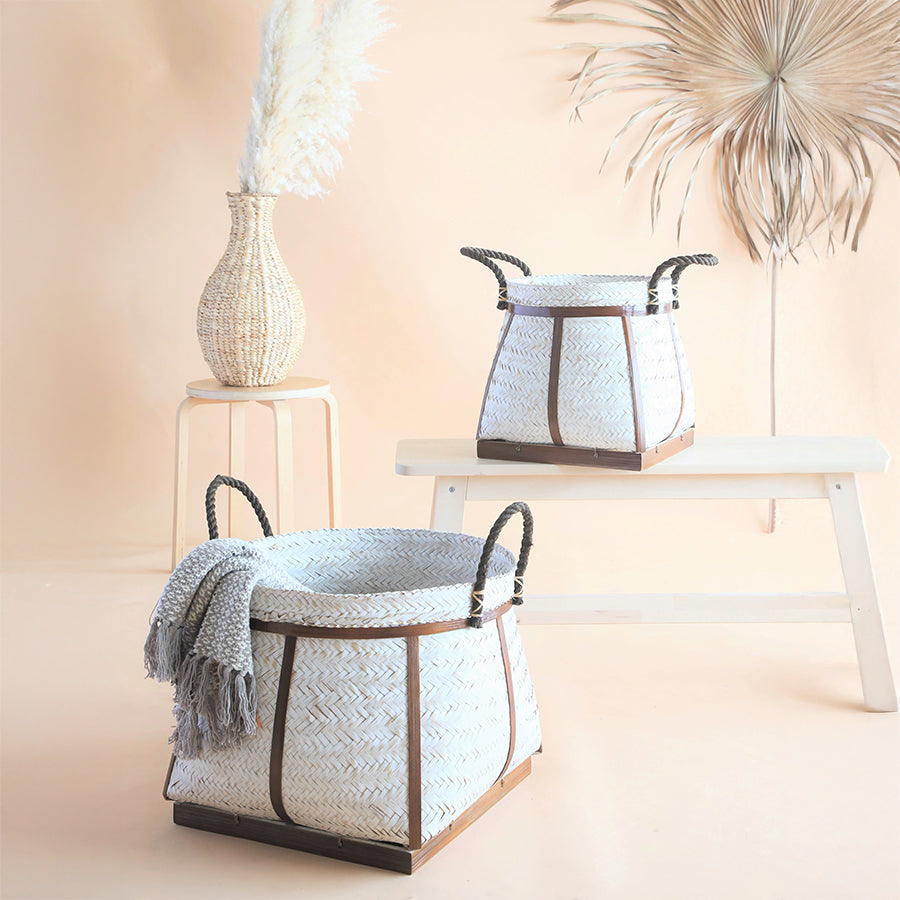 Woven storage baskets set, Decorative basket duo, Handwoven natural baskets, Matching woven basket set for home, Soft neutral home décor baskets, Bohemian minimalist basket décor, Scandinavian style storage baskets, Handmade bamboo and straw baskets, Braided rope handle baskets, Lightweight and durable woven bins .