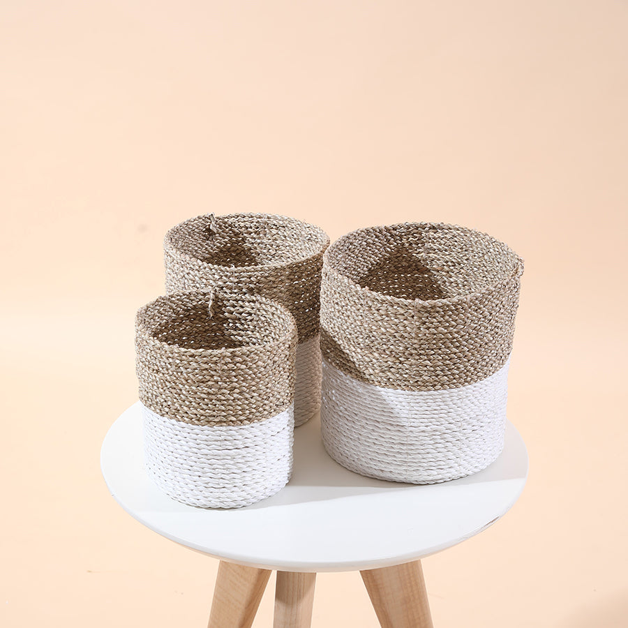 White and natural woven basket set, Handwoven seagrass baskets for storage, Boho rope storage baskets,
Two-tone decorative baskets, Eco-friendly home organization baskets,
Handmade natural fiber baskets,
Minimalist woven basket set, Rustic storage baskets with white bottom, Multipurpose organizer baskets,
Basket set for living room or nursery,
Handmade planter baskets,
Sustainable home décor solutions.