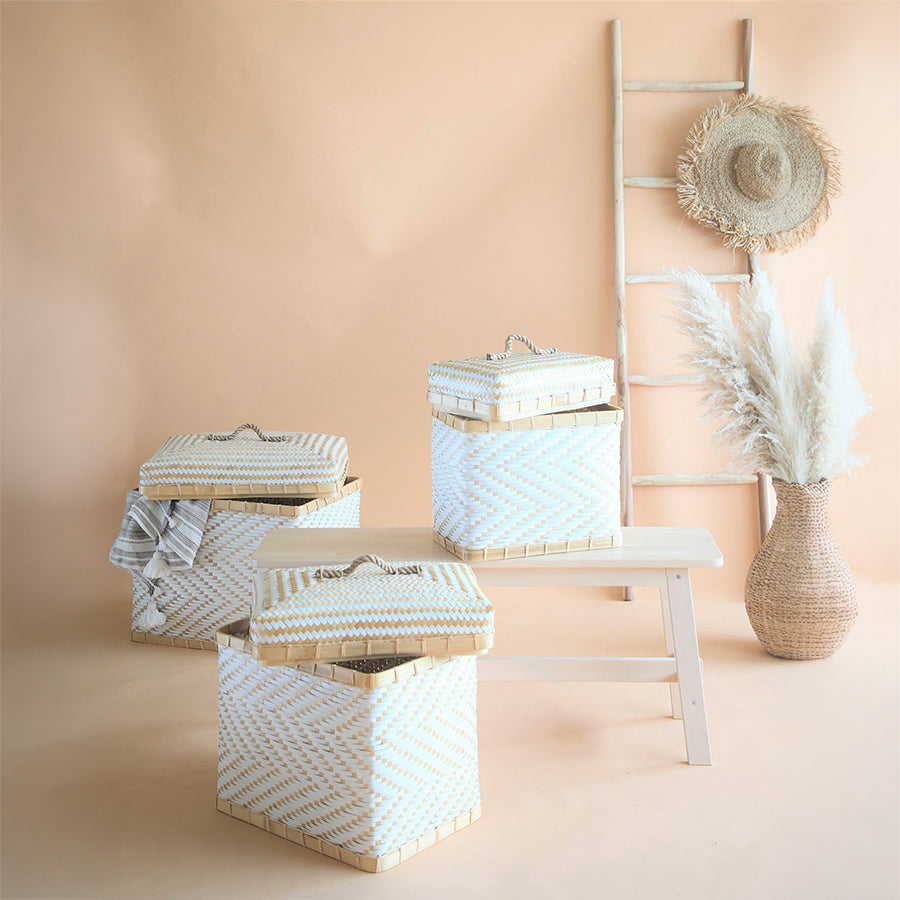 White bamboo storage baskets, Woven trunk baskets with lids, Handwoven laundry hampers, White and beige chevron baskets, Eco-friendly bamboo storage boxes, Sustainable woven home organizers,
Decorative Boho storage bins,
Artisan lidded baskets for storage,
Minimalist woven baskets with handles, Multipurpose natural fiber hampers.