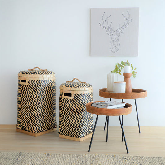 Decorative storage hamper set,
Modern rattan-style laundry bins,
Black and natural woven hampers,
Stylish storage baskets with lids, Set of zigzag woven hampers for laundry and storage, Decorative hampers with lids for bedroom or bathroom,
Home organization décor ideas,
Stylish and functional home storage,
Decorative hampers for minimalist interiors .