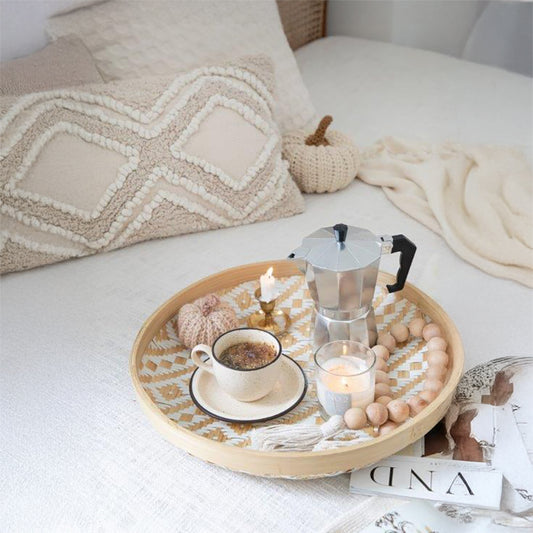 Round woven bamboo tray, Bamboo breakfast tray, Decorative bamboo tray, Handcrafted serving tray, Boho bamboo tray for bed, Natural bamboo display tray, Cozy bamboo tray for décor, Ceramic coffee cup and saucer, Rustic ceramic mug, Handmade coffee cup, Espresso cup set, Minimalist coffee serveware. 

