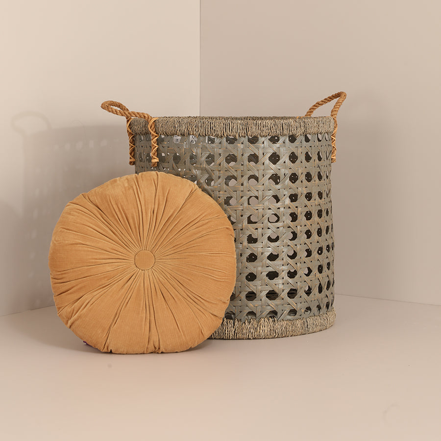 Home décor accessories, Stylish home décor, Modern interior design, Cozy home essentials, Decorative home items, Round velvet cushion, Mustard yellow pillow, Decorative throw pillow, Woven storage basket, 
Decorative rattan basket. 

