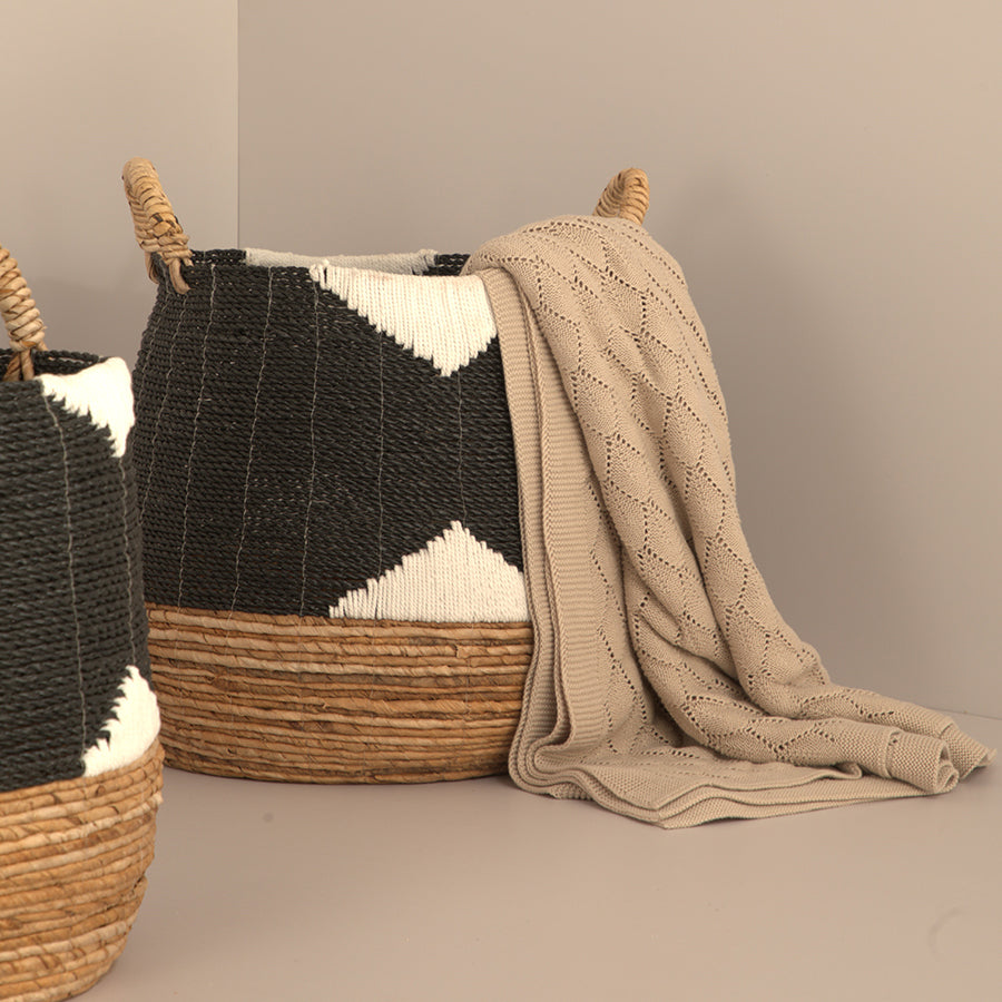 Beige knit blanket, Cozy textured blanket, Soft cotton throw, Minimalist home décor, Neutral home accessories, Scandinavian style baskets, Handmade storage solutions.