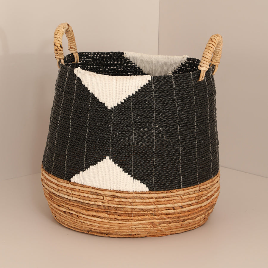 Handwoven storage basket, Black and white woven basket, Natural fiber basket, Decorative storage basket, Seagrass basket with handles, Boho storage basket, Modern woven basket. 