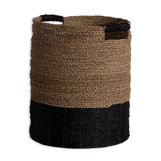 Woven storage basket, Two-tone seagrass basket, Handwoven laundry basket, Eco-friendly storage solution, 
Rustic home décor basket, Stylish woven basket for living room, Handcrafted seagrass laundry hamper. 