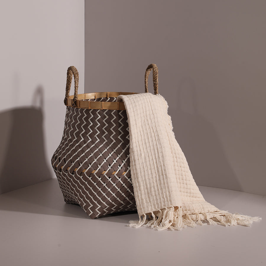 Home décor, Interior accessories, 
Modern home styling, Cozy home essentials, Woven storage basket, 
Handcrafted decorative basket, 
Zigzag pattern basket, Cream throw blanket, Textured cotton throw, 
Soft woven blanket.