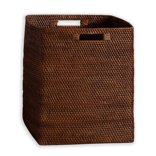 Dark brown woven basket, Handwoven storage bin, Rattan-style storage basket, Square wicker basket, Decorative woven hamper, 
Dark tone handwoven storage basket, Large woven bin for home organization, Eco-friendly brown storage basket, Handmade rattan-style laundry basket, Rustic woven basket with handles, 

