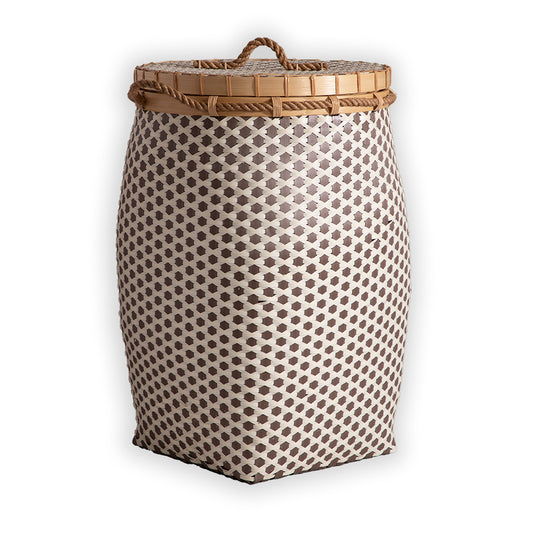 Lidded woven storage basket, Tall laundry basket with lid, Brown and beige woven basket, Decorative hamper basket with lid, Plastic wicker basket with bamboo rim, Lidded storage basket with rope handle, Brown checkered woven hamper with lid, Stylish laundry basket with rope detailing, Handwoven plastic basket for clothes storage, Eco-friendly tall laundry bin with lid.