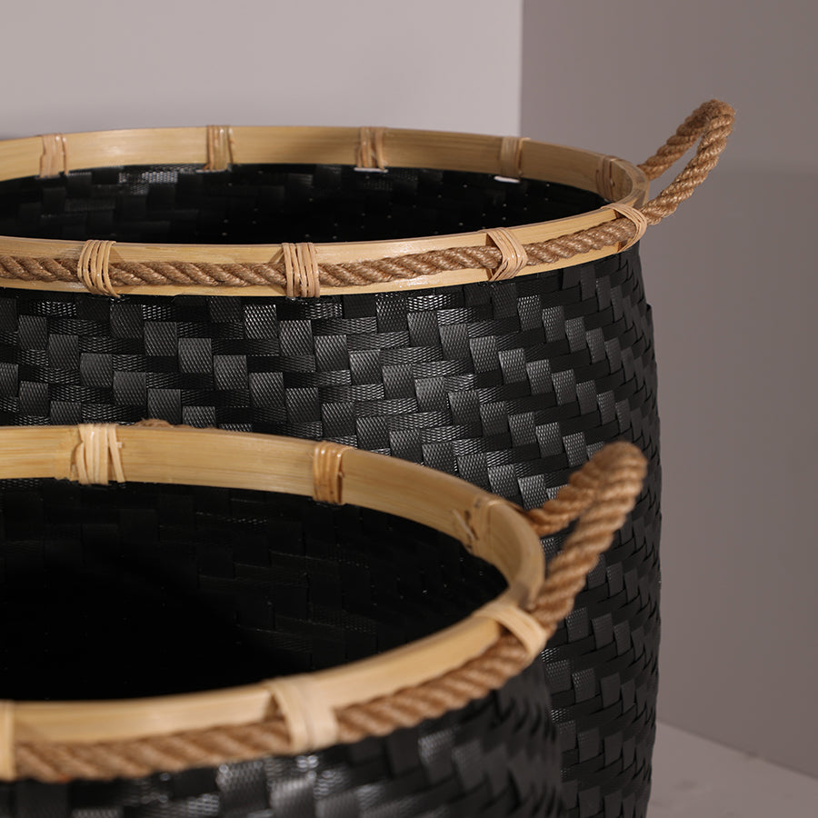 Black woven storage baskets, Decorative woven baskets with rope handles, Black plastic wicker baskets, Handwoven black baskets for home, 
Modern decorative baskets, Black laundry or storage baskets, Rope handle storage baskets, Bamboo rim storage basket, Stylish black woven baskets for living room, Eco-friendly black storage baskets with bamboo rim, Handcrafted plastic weave storage baskets, Large black decorative basket for home décor, Rope and bamboo woven basket set. 


