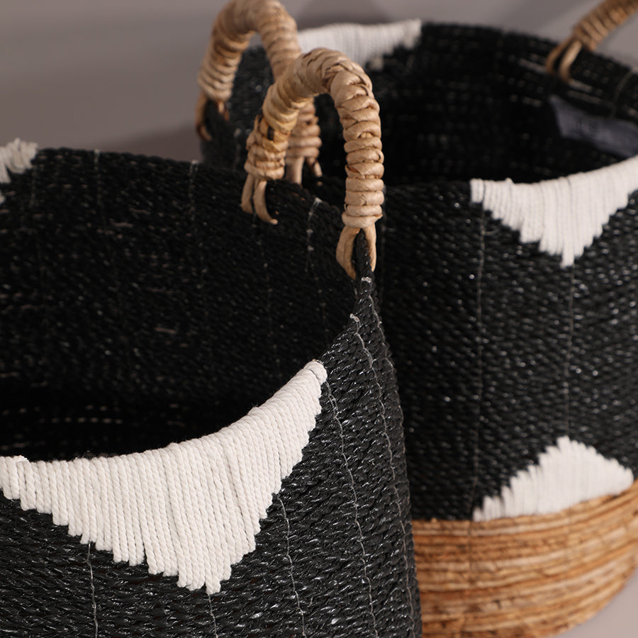 Versatile woven baskets for home, Decorative organizer baskets, 
Farmhouse style woven baskets, 
Woven baskets for living room décor, 
Minimalist woven basket collection, 
Hand-twisted handle storage baskets.