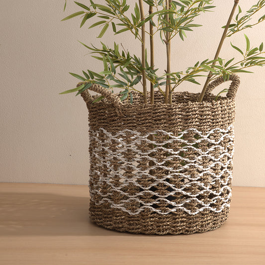 Zigzag weave jute basket, Handwoven seagrass basket, Boho plant holder basket, Rustic decorative basket, Eco-friendly woven bin, 
Indoor planter basket, Plant pot cover basket, Floor storage basket, Living room décor basket, Multipurpose woven basket, Modern natural home décor, Minimalist storage basket, Boho chic interior accessory, Neutral tone home styling, Textured basket for décor. 

