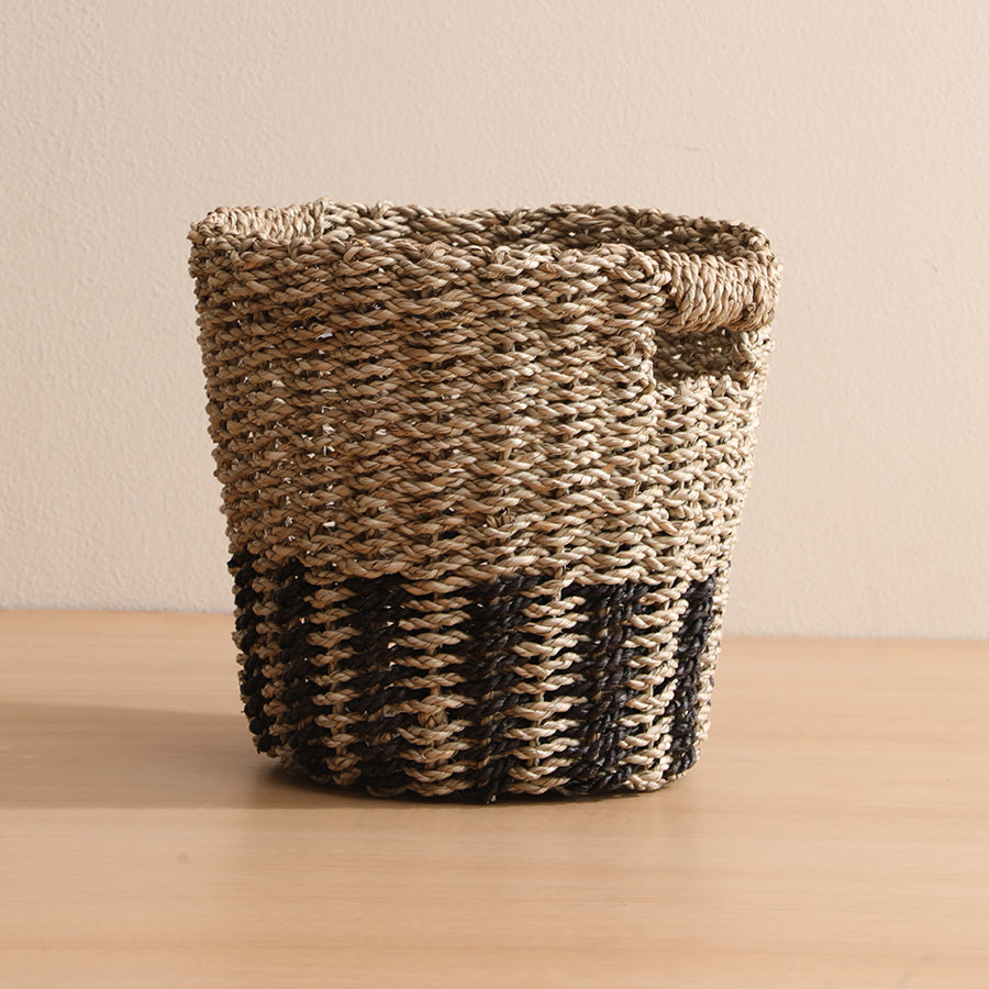 handwoven basket, seagrass storage basket, natural woven basket, rustic woven basket, eco-friendly storage basket, handmade seagrass basket, decorative basket for shelf.

