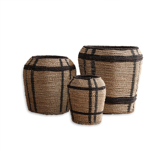 Natural woven storage baskets, Handcrafted jute baskets set, Decorative rope baskets with black accents, Woven baskets with stripe design, Rustic home storage baskets, 
Eco-friendly handwoven baskets, 
Set of 3 handwoven baskets for home decor, Multi-size natural fiber storage baskets, Woven jute baskets with black trim, Rustic decorative baskets for living room, Handmade rope baskets for organizing.
