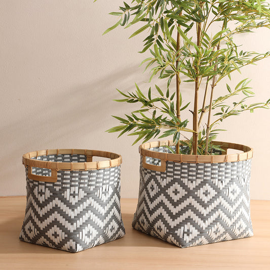 Woven basket set, Decorative storage baskets, Geometric pattern baskets, Indoor planter baskets, Multi-size storage bins, Bamboo rim woven baskets, Grey and white storage baskets, Stylish home organizers, Handcrafted woven bins, Eco-friendly basket set. 