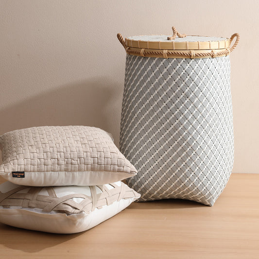 Woven laundry hamper, Decorative laundry basket, Rattan-style hamper, Laundry basket with lid, Rope handle laundry bin, Handcrafted laundry basket, Stylish laundry storage, Tall laundry bin with lid, Eco-friendly laundry hamper, Modern woven hamper, Large woven laundry basket with rope handles, Decorative clothes hamper with lid for bedroom, Modern rattan-style hamper for home décor, 
Natural fiber laundry storage basket .