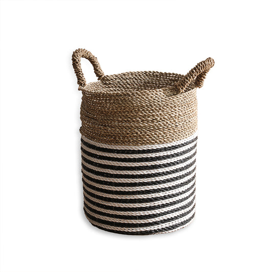 Black and white striped woven basket Natural seagrass storage basket,
Handwoven striped basket,
Boho striped storage basket 
Decorative woven basket with handles, Eco-friendly seagrass basket, Modern coastal storage basket, Handmade rope basket,
Two-tone woven storage basket,
Rustic natural fiber basket,
Artisan handwoven basket,
Chic striped storage solution,
Seagrass and cotton woven basket,
Durable basket with rope handles,
Minimalist woven storage basket, Stylish black and white basket.
