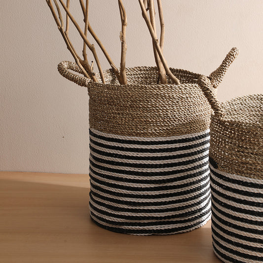 Indoor plant basket holder, Handmade black and white basket, Stylish woven basket for living room, 
Coastal style storage basket, 
Modern home storage basket, 
Laundry, toy, or blanket woven basket. 