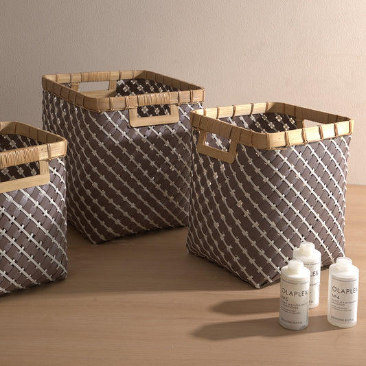 Woven storage baskets, Decorative storage bins, Handwoven organizer baskets, Plastic rattan baskets, Brown woven baskets, Eco-friendly storage containers, Multipurpose storage baskets, Square basket with handles, Modern home storage baskets, Closet or shelf organizer basket. 