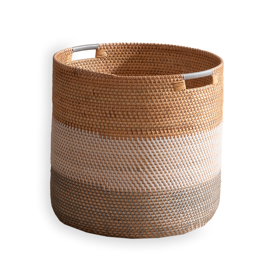 Woven storage basket, Handwoven laundry basket, Seagrass basket with handles, Laundry hamper basket, Toy storage basket, Blanket storage solution, Boho home storage, Minimalist woven décor, Eco-friendly woven basket, Three-tone woven basket.

