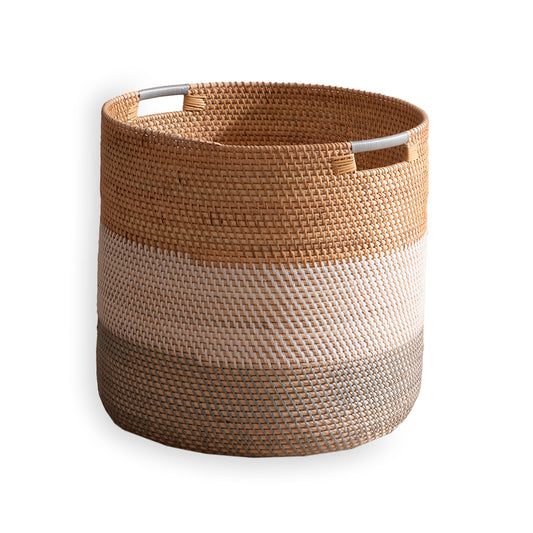Woven storage basket, Handwoven laundry basket, Seagrass basket with handles, Laundry hamper basket, Toy storage basket, Blanket storage solution, Boho home storage, Minimalist woven décor, Eco-friendly woven basket, Three-tone woven basket.

