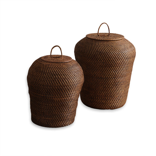 woven storage baskets with lids, 
handcrafted rattan baskets, 
decorative wicker baskets with lids, 
brown woven hampers, eco-friendly woven baskets for storage, 
handwoven natural fiber hampers,
rustic Boho rattan basket set, 
brown wicker baskets with handles and lids. 