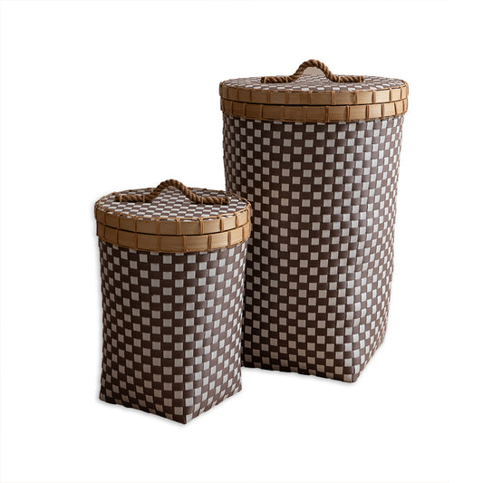 Lidded woven storage baskets, Checkered laundry baskets, Tall wicker hampers with lids, Brown and white woven baskets, Plastic rattan storage containers, Decorative laundry hamper set with lids, Woven basket set for clothes and storage, Eco-style plastic weave laundry bins, Compact laundry hamper with lid and handle. 
