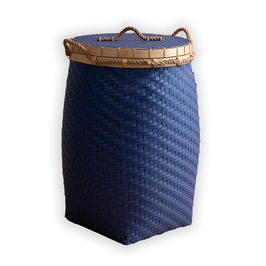 Blue woven storage basket, Lidded rattan basket, Wicker laundry hamper, Decorative storage container, Handcrafted woven basket, Rope handle storage bin, Lidded wicker basket, Stylish laundry basket, Woven hamper with lid, Blue rattan décor basket. 