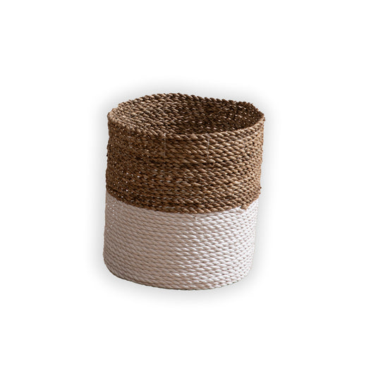 Two-tone woven basket, Handwoven natural basket, White and brown storage basket, Seagrass style basket, Eco-friendly decorative basket, Natural fiber home storage, Rustic modern woven bin, Stylish laundry basket, Living room storage bin, Bathroom towel basket, Nursery toy organizer, Closet shelf basket, Decorative planter cover , Entryway catchall basket .