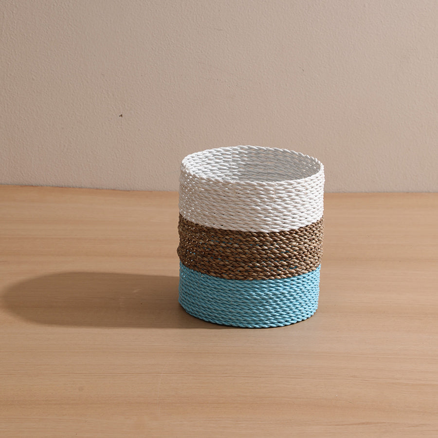 Small woven rope basket, Round color block storage basket, White blue brown organizer basket, Handcrafted decorative basket, Mini seagrass rope basket, Coastal theme storage basket, Aqua and natural woven bin, Handwoven round basket for home.