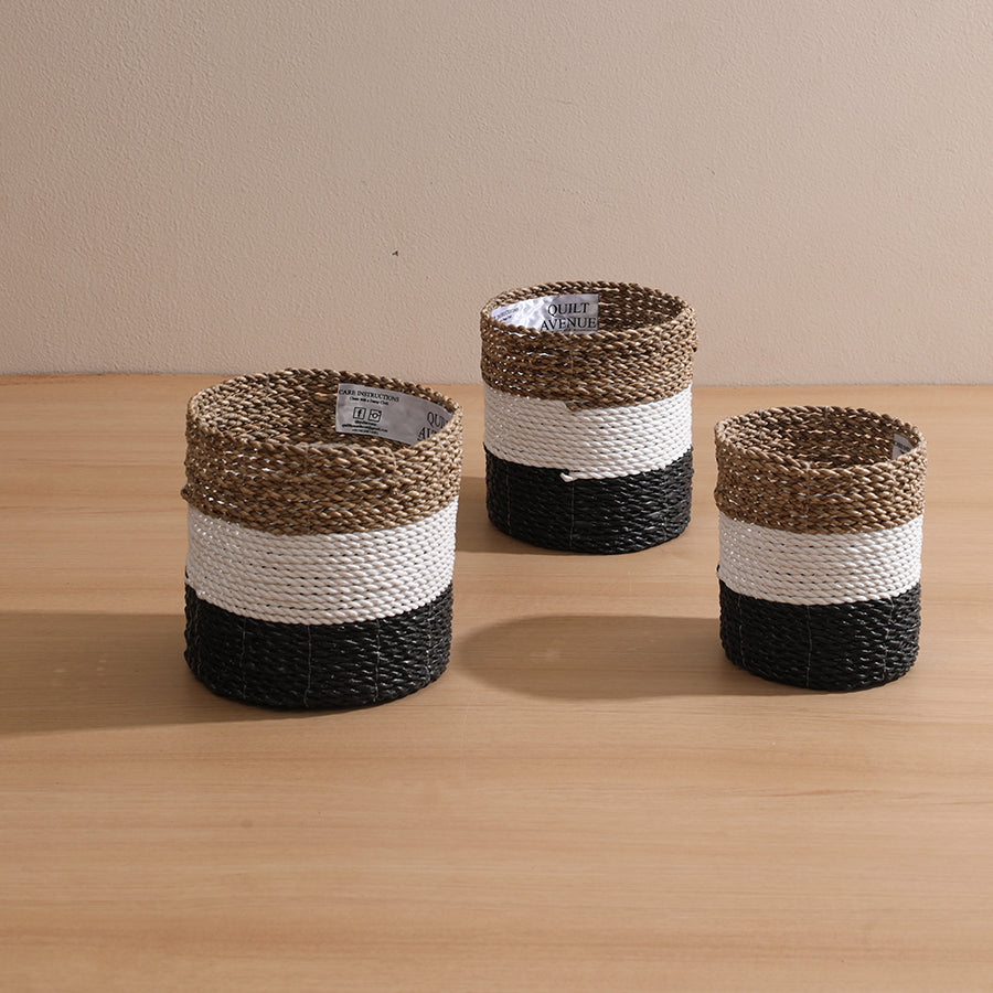 Handwoven colorblock rope baskets, 
Natural white black storage baskets, 
Eco-friendly decorative baskets set, 
Small round rope baskets, Rustic handcrafted storage bins, Minimalist rope baskets for organizing, Artisan-made colorblock baskets, Multi-size basket set for home décor, Compact tabletop storage baskets.