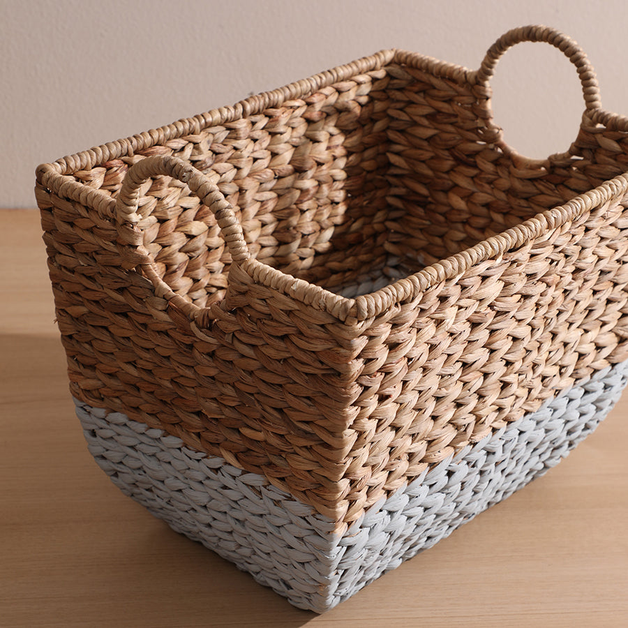 Storage bin with rope handles, 
Decorative woven basket for shelves, Bathroom or laundry organizer basket, Multipurpose home storage solution, Minimalist home décor basket, Sustainable handwoven utility basket, Decorative woven bin with strong handles, Artisan handmade storage basket for home organization.

