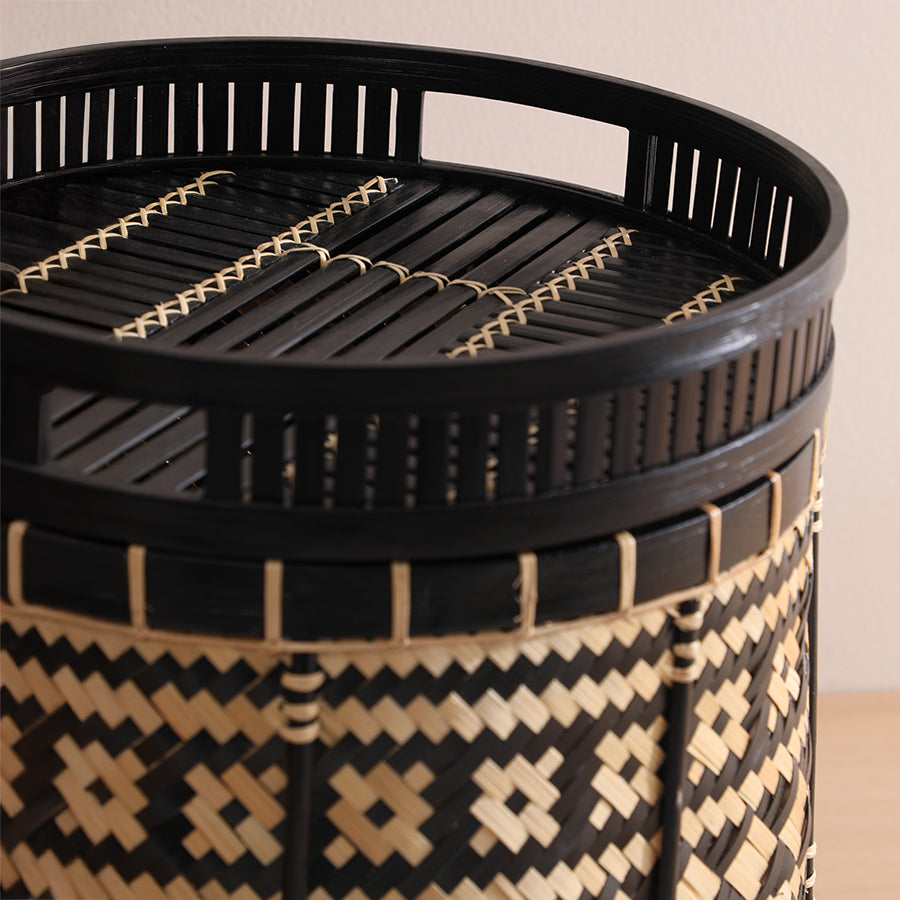 Handwoven basket, Decorative storage basket, Bamboo basket, Rattan storage container, Artisan home décor, Boho home décor, Rustic storage solution, Ethnic woven basket, Natural fiber basket, Black bamboo and rattan basket.

