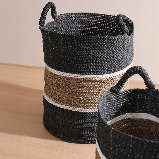Two-tone woven storage basket, 
Black and natural seagrass basket, 
Decorative rope basket with handles, 
Handcrafted woven hamper, Color block storage basket, Seagrass and cotton rope laundry basket, 
Eco-friendly woven home storage, 
Large and small basket set, Handwoven utility basket, 
Decorative storage solution .

