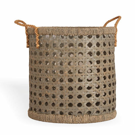 Decorative woven basket, Cane-style storage basket, Lattice design basket, Decorative basket with lattice weave and rope handles, Boho chic basket for home organization, Natural look basket for blankets or laundry, Bohemian home accessories, Modern rustic décor piece.