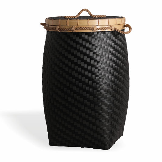 Black woven storage basket, Handcrafted black basket with lid, Lidded woven hamper, Rope handle laundry basket, Black bamboo storage bin, Modern woven storage solution, Matte black laundry basket, Decorative black woven bin, Stylish storage basket with natural lid, Minimalist home organizer basket, Tall black hamper with rope detail, 
Durable handwoven storage basket. 

