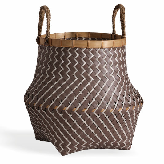 Modern home storage, Decorative storage solution, Eco-friendly home décor, Stylish organization basket, Zigzag weave basket, Brown woven storage basket, Decorative woven bin, Wicker-look basket with handles.
