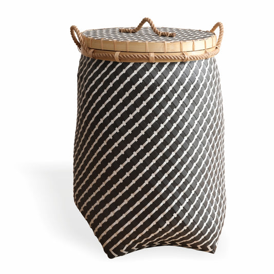 Woven storage basket with lid, 
Black and white laundry basket,
Decorative lidded hamper, Black and white handwoven basket with lid and handles, Stylish storage basket for laundry or toys, Eco-friendly decorative basket with secure lid, Lidded hamper for bedroom or bathroom, Diagonal weave basket, 
Modern Boho laundry basket.
