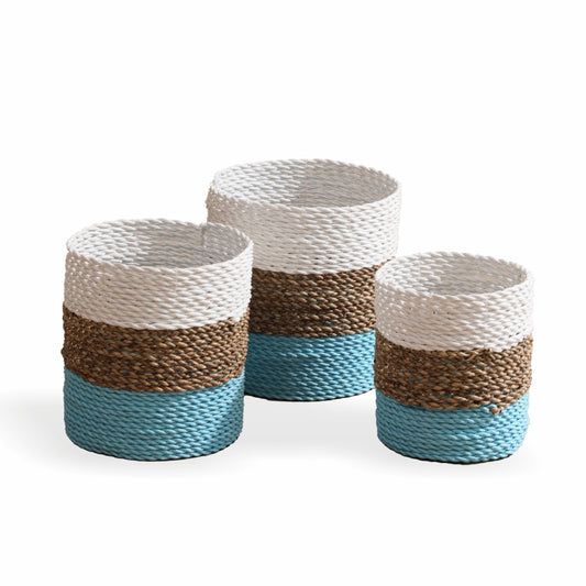 Color block woven baskets, Decorative rope storage baskets, Round wicker storage baskets, Handwoven seagrass baskets, Multicolor woven organizer baskets, 
Set of three round storage baskets, Handcrafted baskets with white, brown, and blue stripes, Boho coastal storage baskets, Colorful rope baskets for home décor, Eco-friendly round woven baskets, Storage baskets for laundry or toys, 
Decorative baskets for living room or nursery. 

