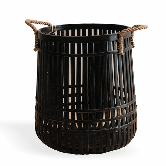 Black bamboo laundry basket, Slatted storage basket, Tall open weave hamper, Decorative wooden basket, Rope handle laundry bin, Rustic tall storage basket, Eco-friendly bamboo hamper, Farmhouse style laundry basket, Woven wood storage solution, Large open-top storage bin. 